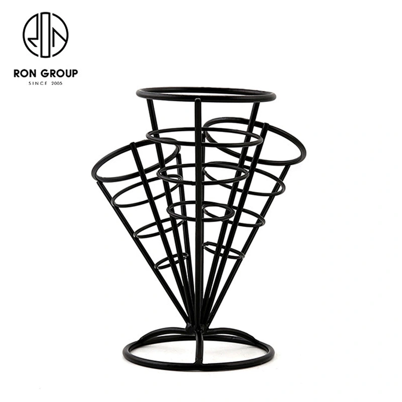 Kitchenware Metal Wire Iron Matte Black 3 Cones French Fry Holder Stand