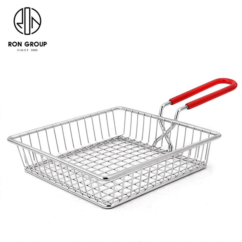 Wholesale Restaurant Accessories White Metal Iron Wire Plastic Handle Square Snack Fry Basket