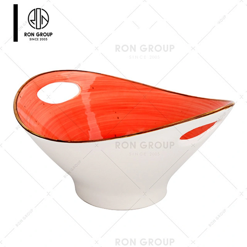 Durable Portable Glaze Printed Color Ceramic Bowl With Handle