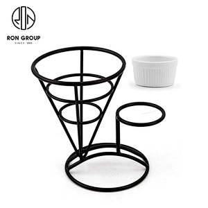 Matte Black Single Cup Conical Frame French Fry Wire Baskets With Sauce Bowl