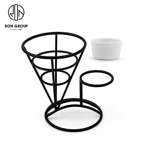 Matte Black Single Cup Conical Frame French Fry Wire Baskets With Sauce Bowl