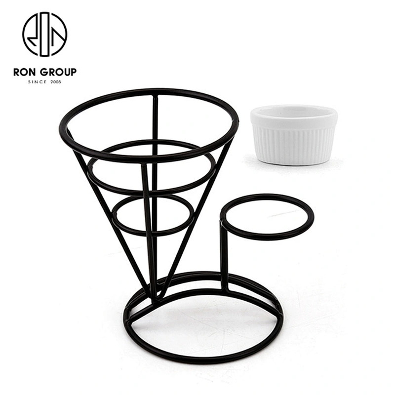 Matte Black Single Cup Conical Frame French Fry Wire Baskets With Sauce Bowl