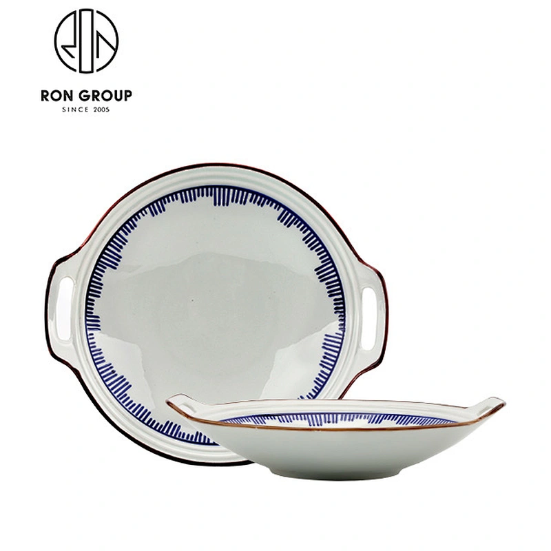 Restaurant White And Blue Porcelain Round Noodle Bowl