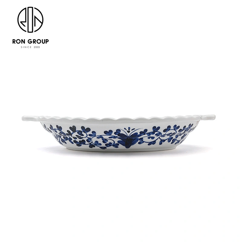 China Style Baking Tray Oval Ceramic Fruit Salad Fish Plate With Double Ears