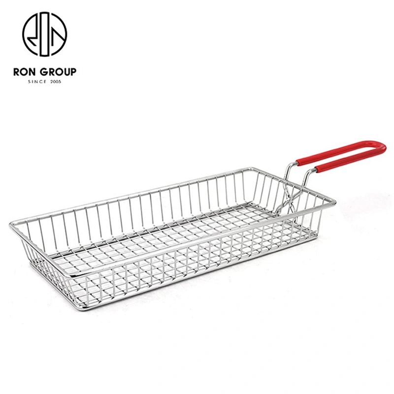 Accept Customization White Metal Iron Wire Plastic Handle Rectangle Snack Fry Basket