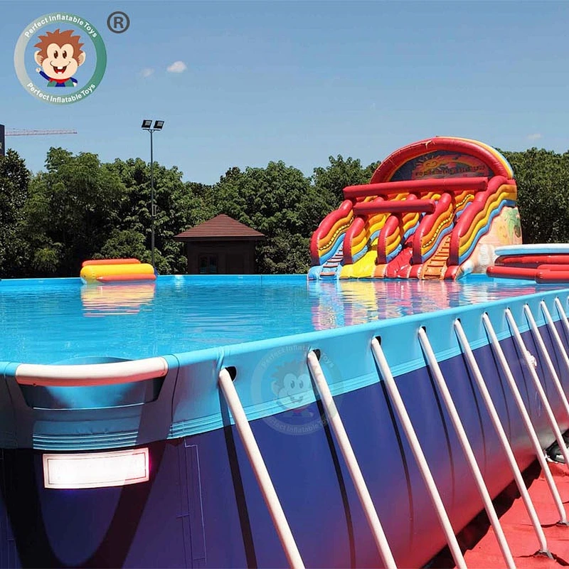 Rigid inflatable adult swimming pool with holders in the garden for sale