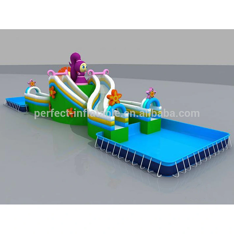 Large inflatable swimming pool with holders and a lovely dolphin slide