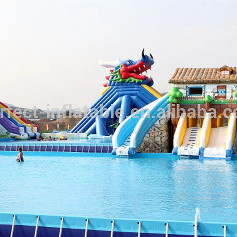 Large inflatable swimming pool with holders and a lovely dolphin slide