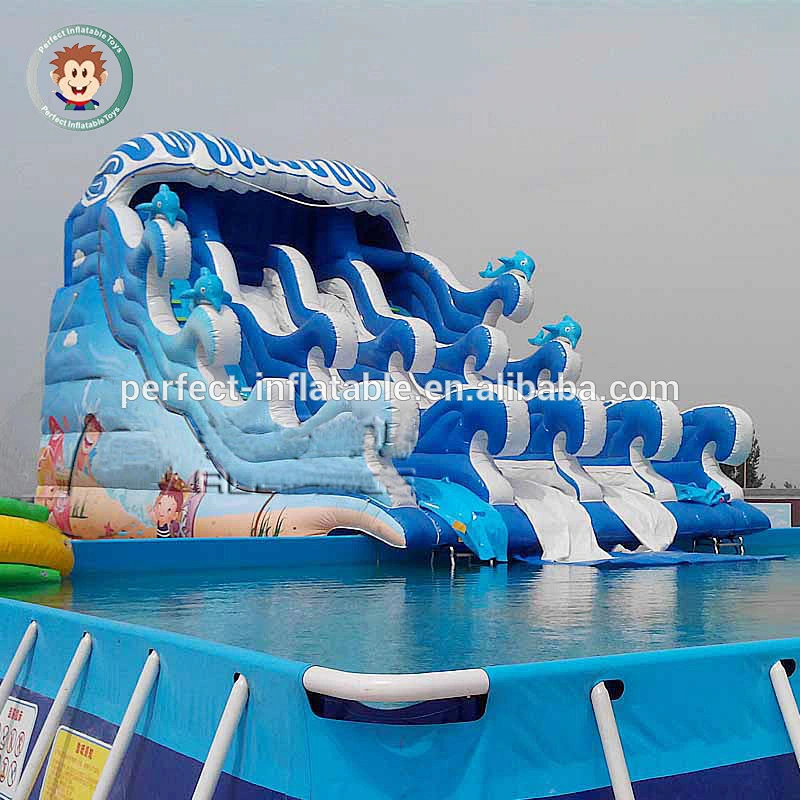 Best PVC tarpaulin material inflatable slide with pool adult inflatable wave water slide