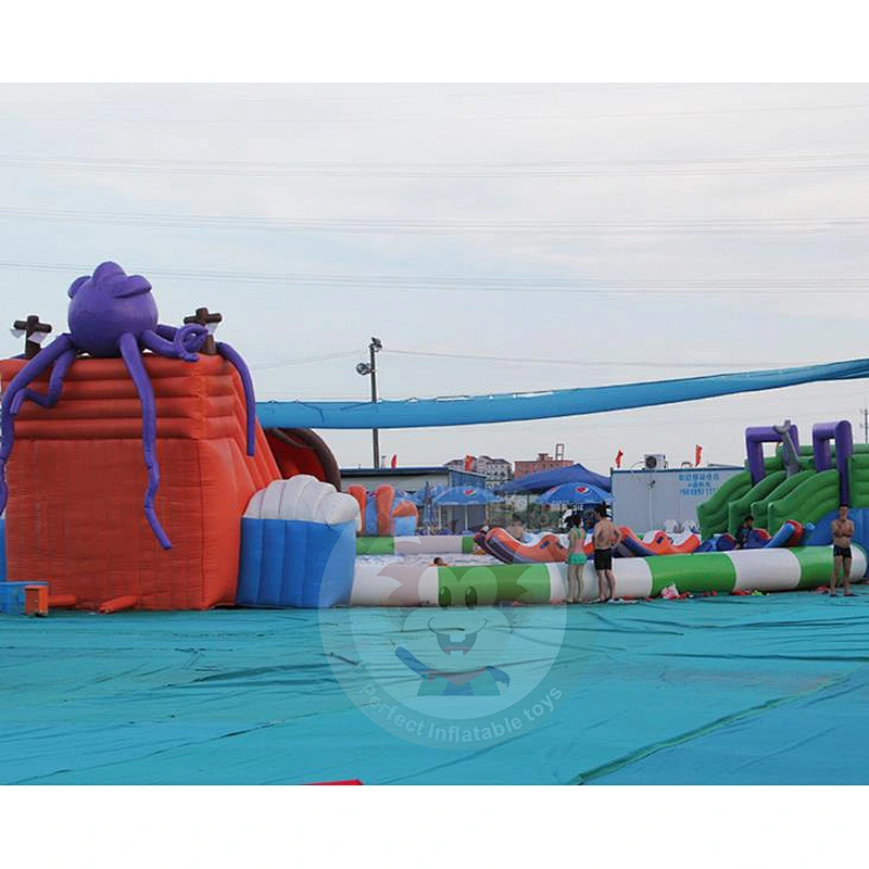 Commercial Large Water Park Equipment Inflatable Water Slide With Swimming Pool
