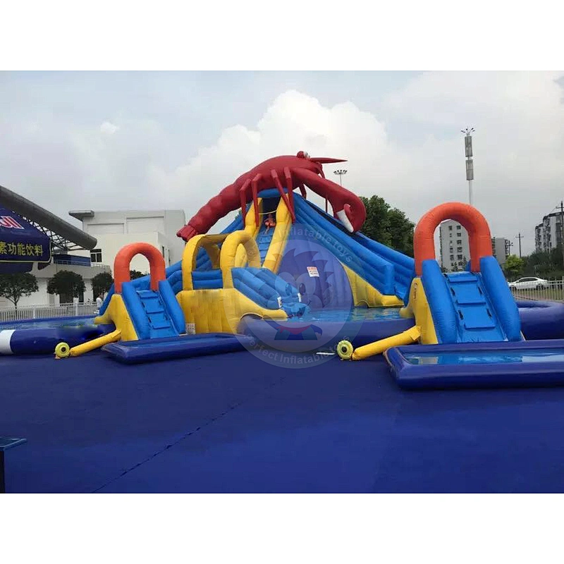 Outdoor Commercial Inflatable Plastic Water Slide With Giant Swimming Pool For Sale