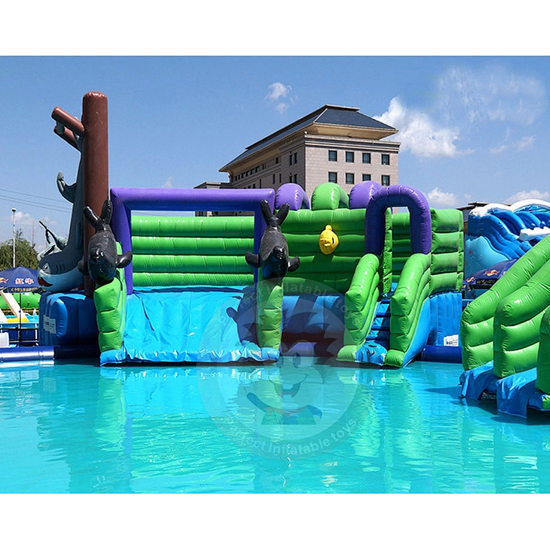 Blue And Green Commercial Huge Inflatable Water Slides With Pool For Sale