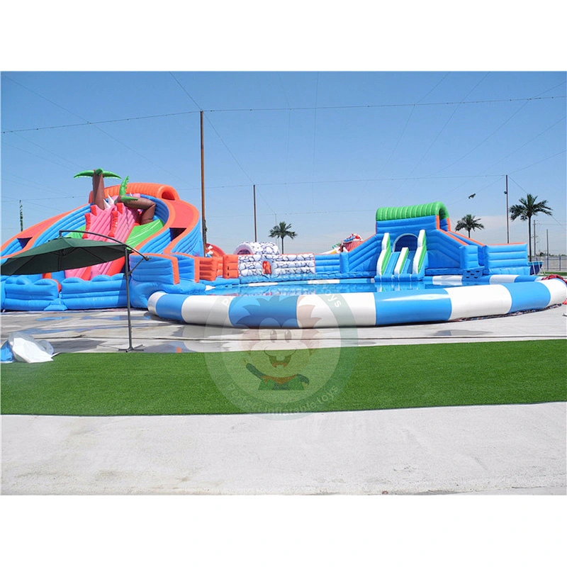Summer Water Park Equipment Inflatable Slide With Large Swimming Pool