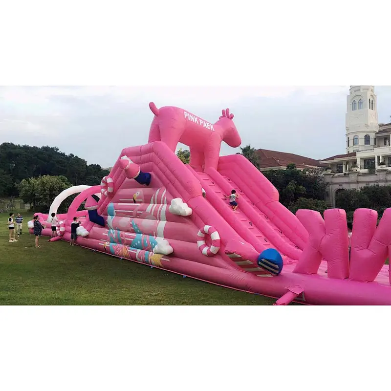 New design commercial pink slide course inflatable obstacle for kids