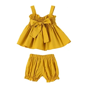 Wholesale 100% cotton baby clothes top sleeveless shirts with tunic shorts two pieces kids clothing sets