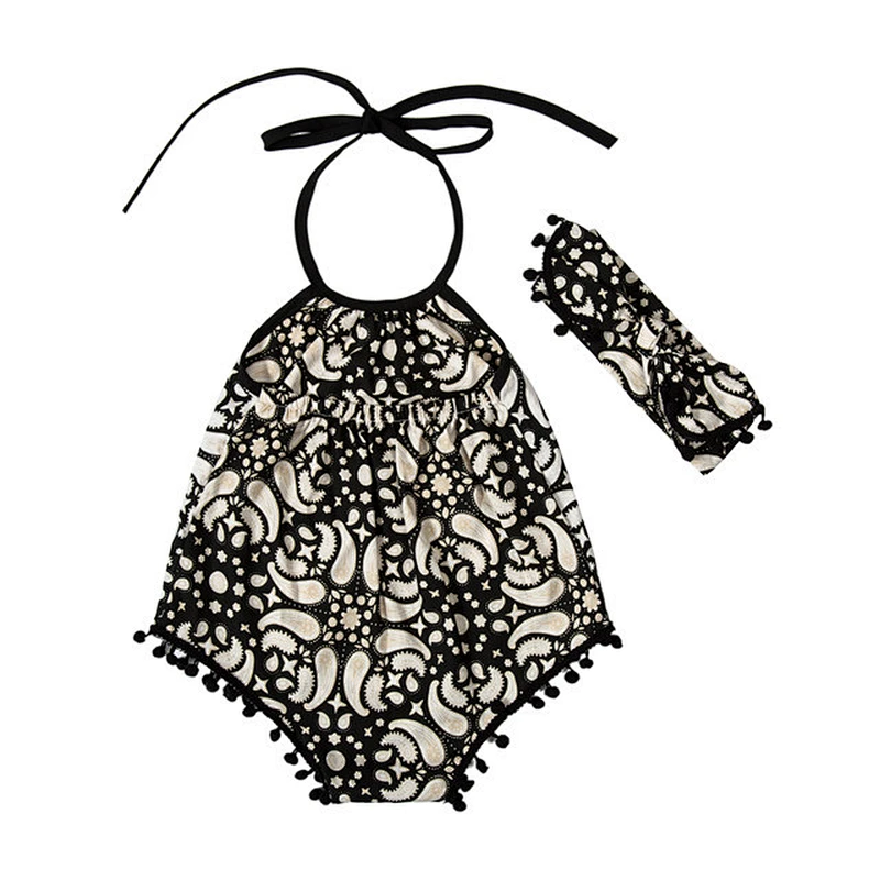 Cute design cotton baby girl bodysuit flower printing sleeveless halter romper with pompom headband