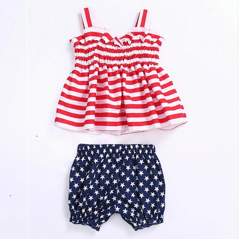Wholesale patriotic clothing high quality baby girl stripe strap tunic top and star short fourth of July outfit