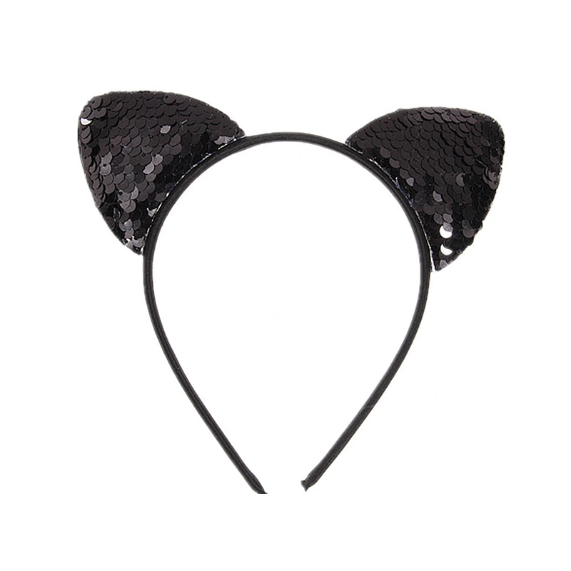 Custom Cute Sequin  Plastic Headband Girl Animal Black Glitter Paillette Cat Ear Headbands