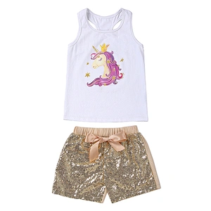 Newest unicorn printed tank top and sequin shorts with bowknot outfit girls unicorn set