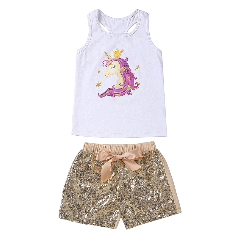 Newest unicorn printed tank top and sequin shorts with bowknot outfit girls unicorn set