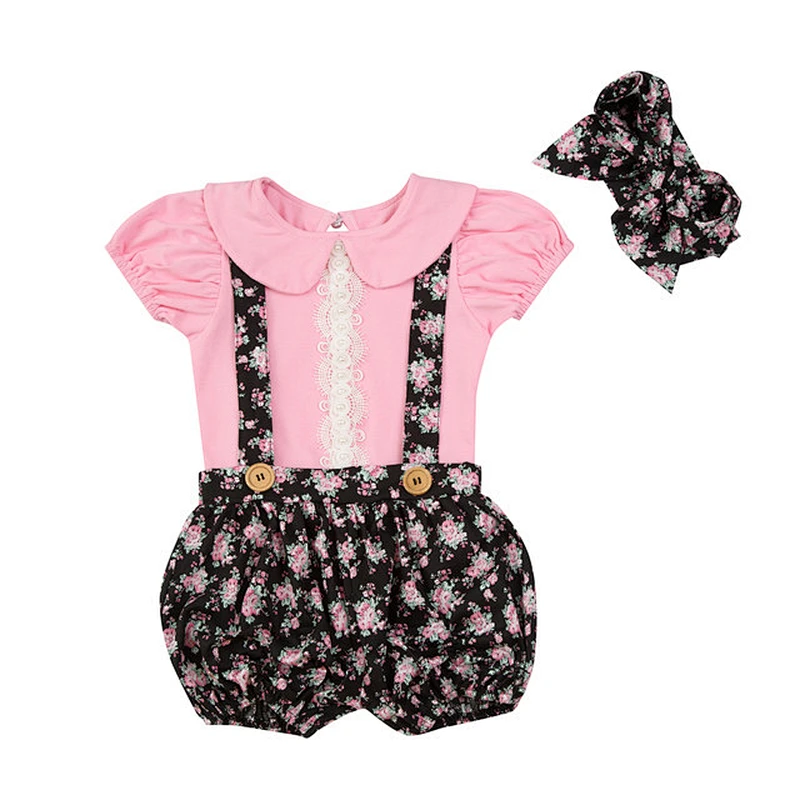 Lovely baby girls lantern pattern suspenders shorts short sleeve top clothing set