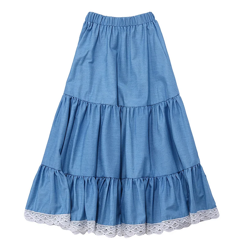 Boutique Hot Sale Kid A-line skirts Elastic Waist Skirt Lace Denim Long Skirts For Girl