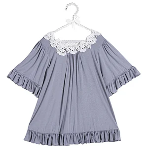 2019 New Fashion Blue Shirts For Girls 0-Neck With  Lace  Pleated Girl Tunic Top For Girl