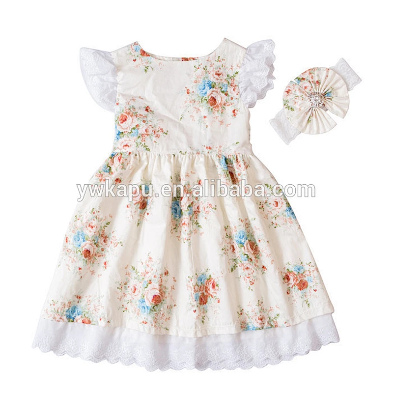 2018 spring wholesale new polyester cotton printing little girl flutter sleeve tunic dress with lace