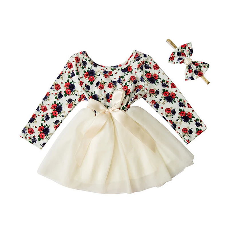 2018 Autumn long sleeve clothes baby frock designs factory cotton girl princess dress with headband