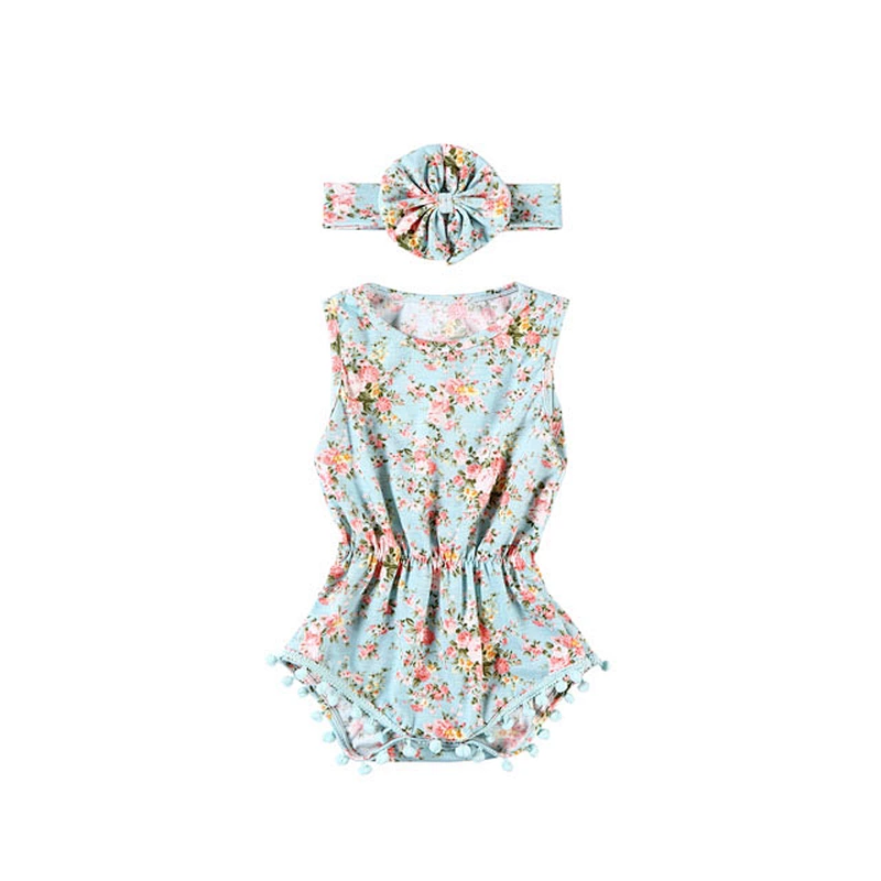 Boutique 2 PCs ruffle pompom romper with flower  headband sets fancy baby clothes girl romper