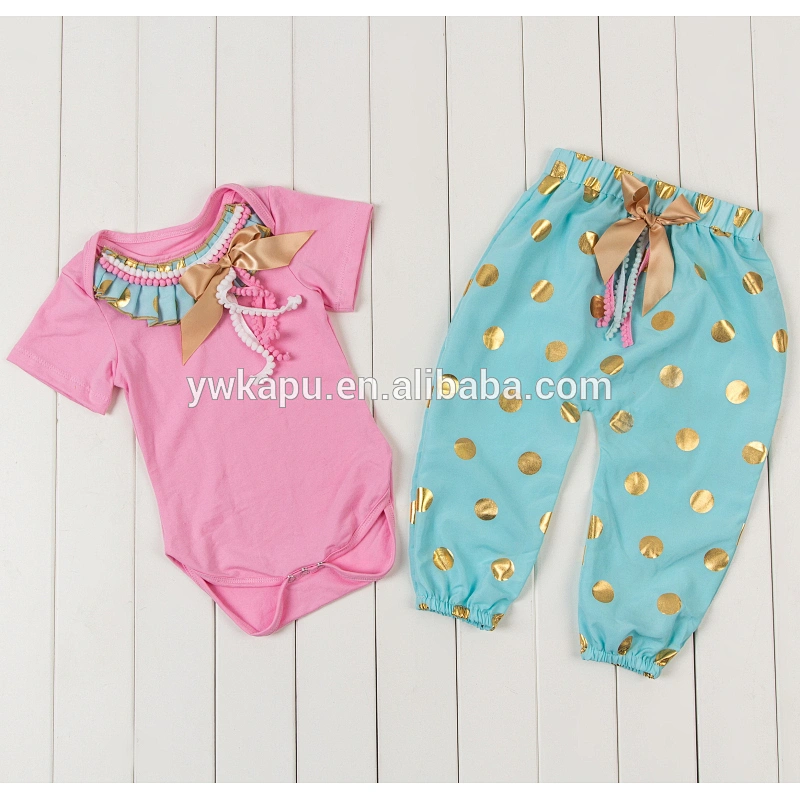2018 Wholesale children boutique clothing,cute girl red polka dot romper set baby pompom bodysuit