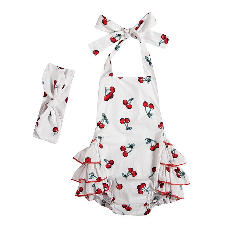 Cute Summer Sleeveless Baby Girls Clothes Halter Bodysuit Jumpsuit Cotton Romper With Headband