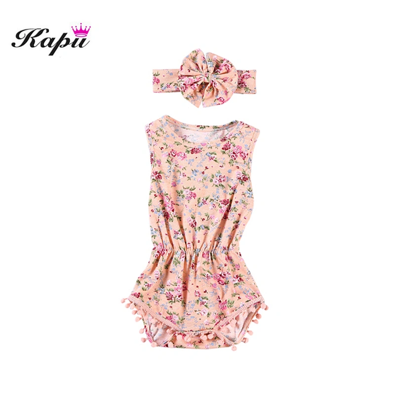 Hot Sale Floral Pompom Baby Romper set with headband