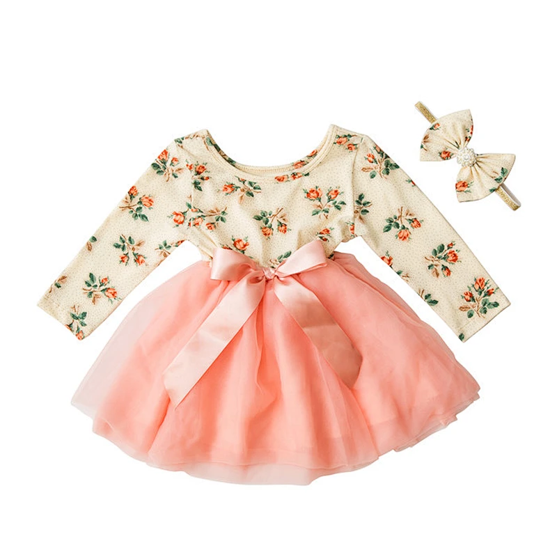 2018 Autumn long sleeve clothes baby frock designs factory cotton girl princess dress with headband