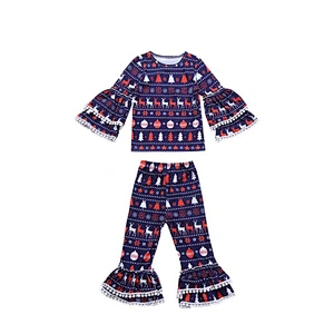 Beautiful Children Girls Christmas Boutique Outfits with Pompoms and Ruffle Design