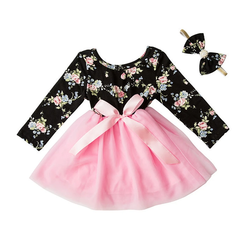 2018 Autumn long sleeve clothes baby frock designs factory cotton girl princess dress with headband