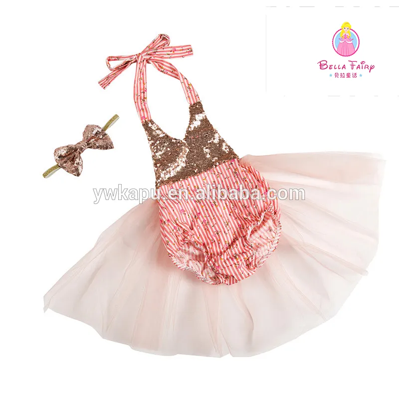 2018 direct sale boutique children clothes design for party stage holiday halter romper sequin tutu dress