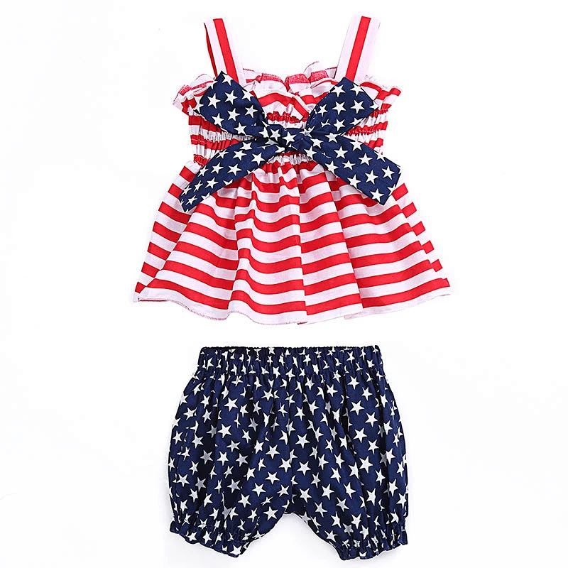2018 new designs strap red dress with white bow and blue short baby girls fourth of July boutique outfits