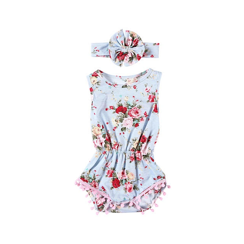 Wholesale baby ruffle floral summer romper organic  cotton baby girl clothes with headband