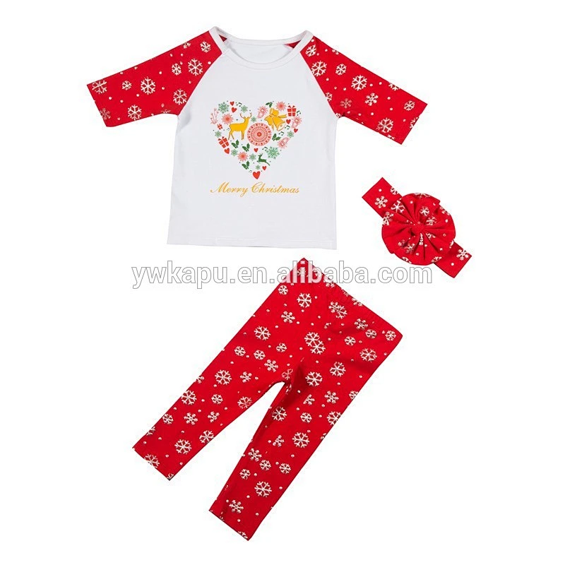 Hot Selling Baby Products Christmas Clothes Baby Girl Boutique Raglan Shirt And Pant Set With Headnand