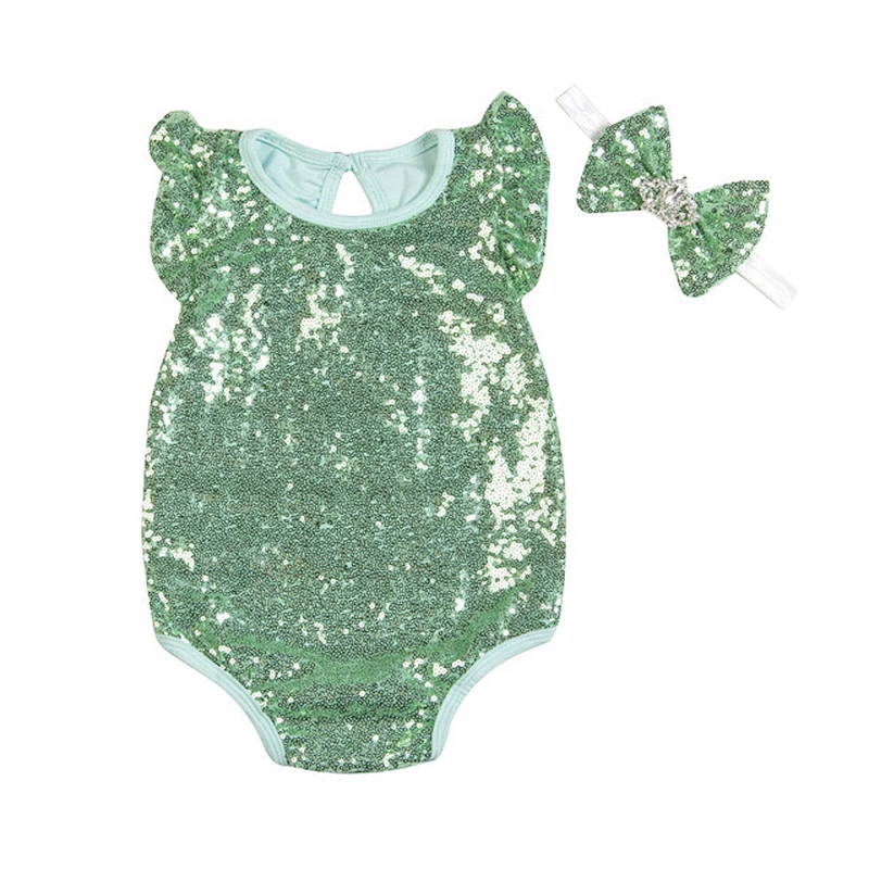 Baby Girls Sequins  Bodysuit Romper Jumpsuit Summer Baby Romper With Headband