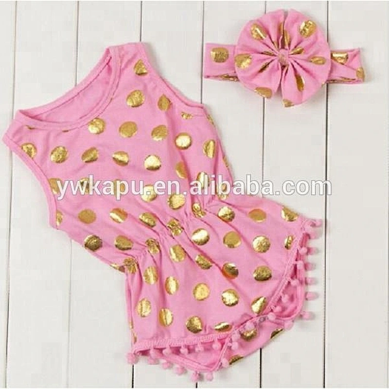 2018 European baby clothing wholesale polka dot pompom adult baby romper with headband