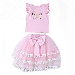 2018 Stylish Kids Baby Girls Casual Summer Unicorn Ruffle Top Shirt And Pompom Tutu Birthday Outfits
