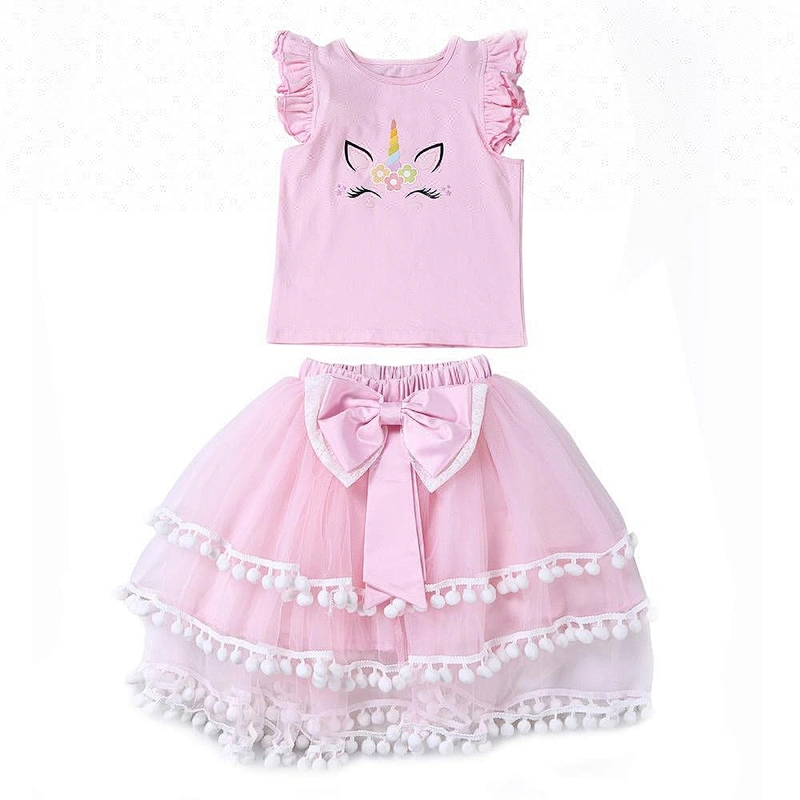 2018 Stylish Kids Baby Girls Casual Summer Unicorn Ruffle Top Shirt And Pompom Tutu Birthday Outfits