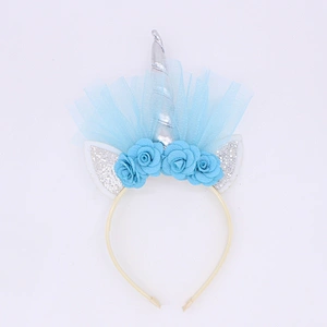 Wholesale Gold elastic designer birthday party cat ear flower  unicorn horn gauze headbands for baby girls