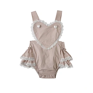 Superior quality baby girls summer boutique clothing  heart neck strapless soft breathable cotton lace romper