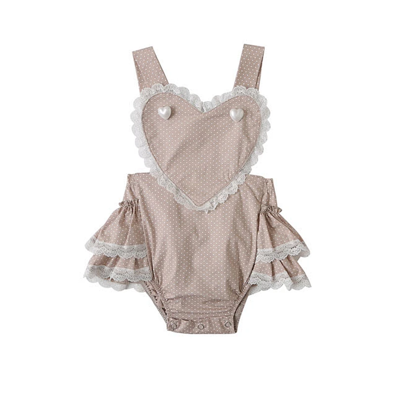 Superior quality baby girls summer boutique clothing  heart neck strapless soft breathable cotton lace romper