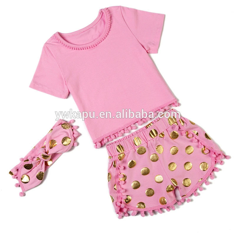 2018 Little girls boutique summer baby pompom pettiset for children back to school clothing sets including headband