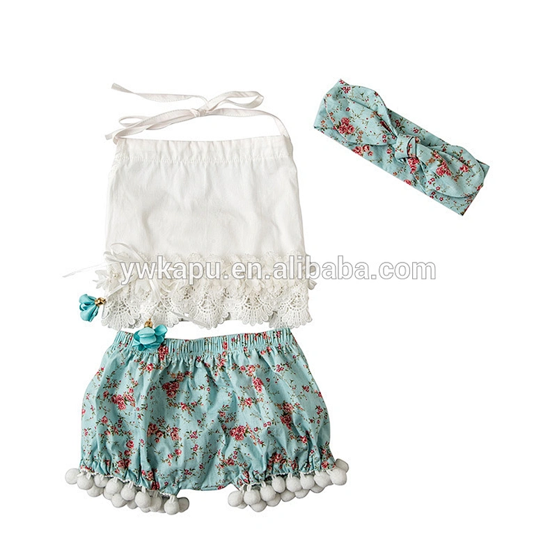 Infant toddler girls tassel tops lace shirts flower pompom shorts with bowknot 3Pcs set summer outfit