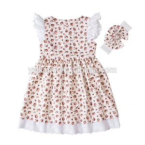 2018 spring wholesale new polyester cotton printing little girl flutter sleeve tunic dress with lace
